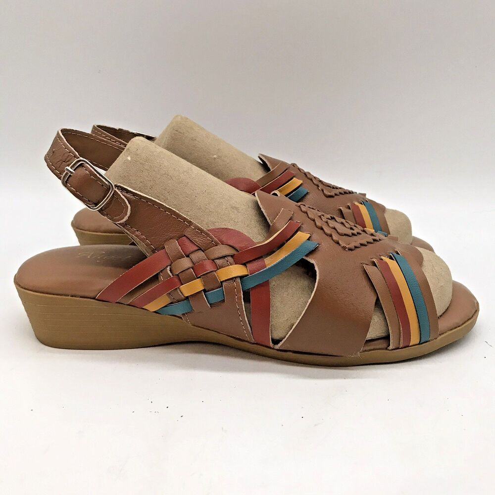 Angel Steps Trina Wedge Sandals Women's 6.5W Brown Woven Leather Comfort Shoes